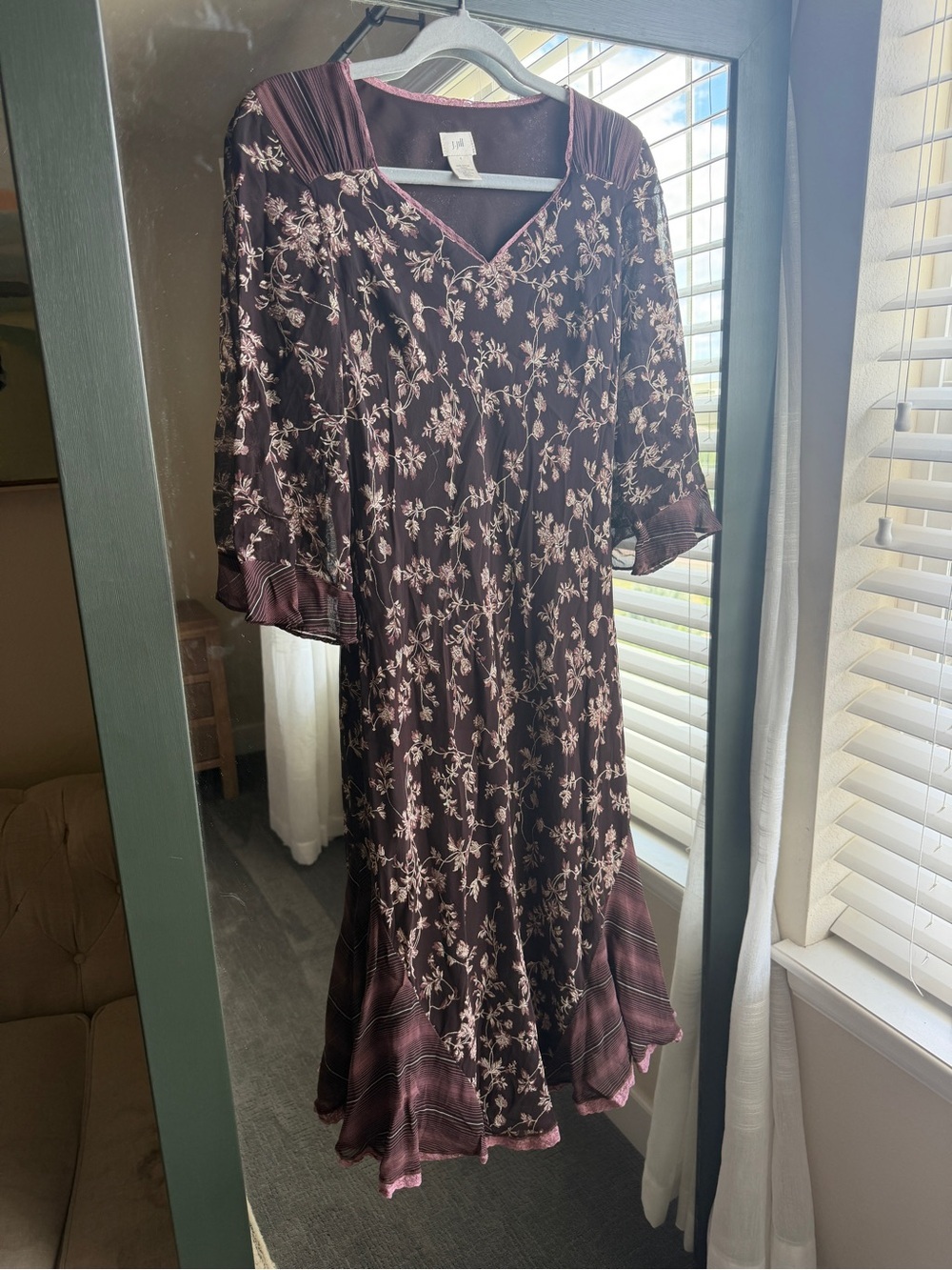 VTG J. Jill Whimsigoth Floral Embroidered Midi Dress Plum Brown